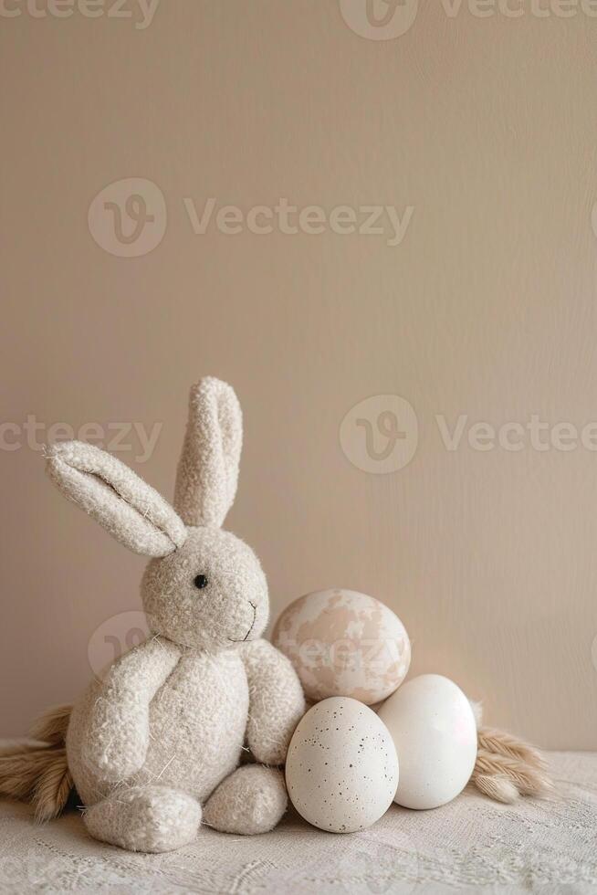 AI generated Natural Easter background with eggs, bunny and copy space for text. Soft, beige color. Perfect for spring themes, Easter content, and minimalist design projects. Greeting card. photo