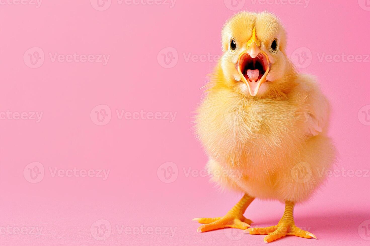 AI generated Cute, yellow chicken on soft pink background, ideal for Easter campaigns, pet supplies advertising, or as a cheerful spring graphic element. Copy space for text. Easter sale, discount. photo