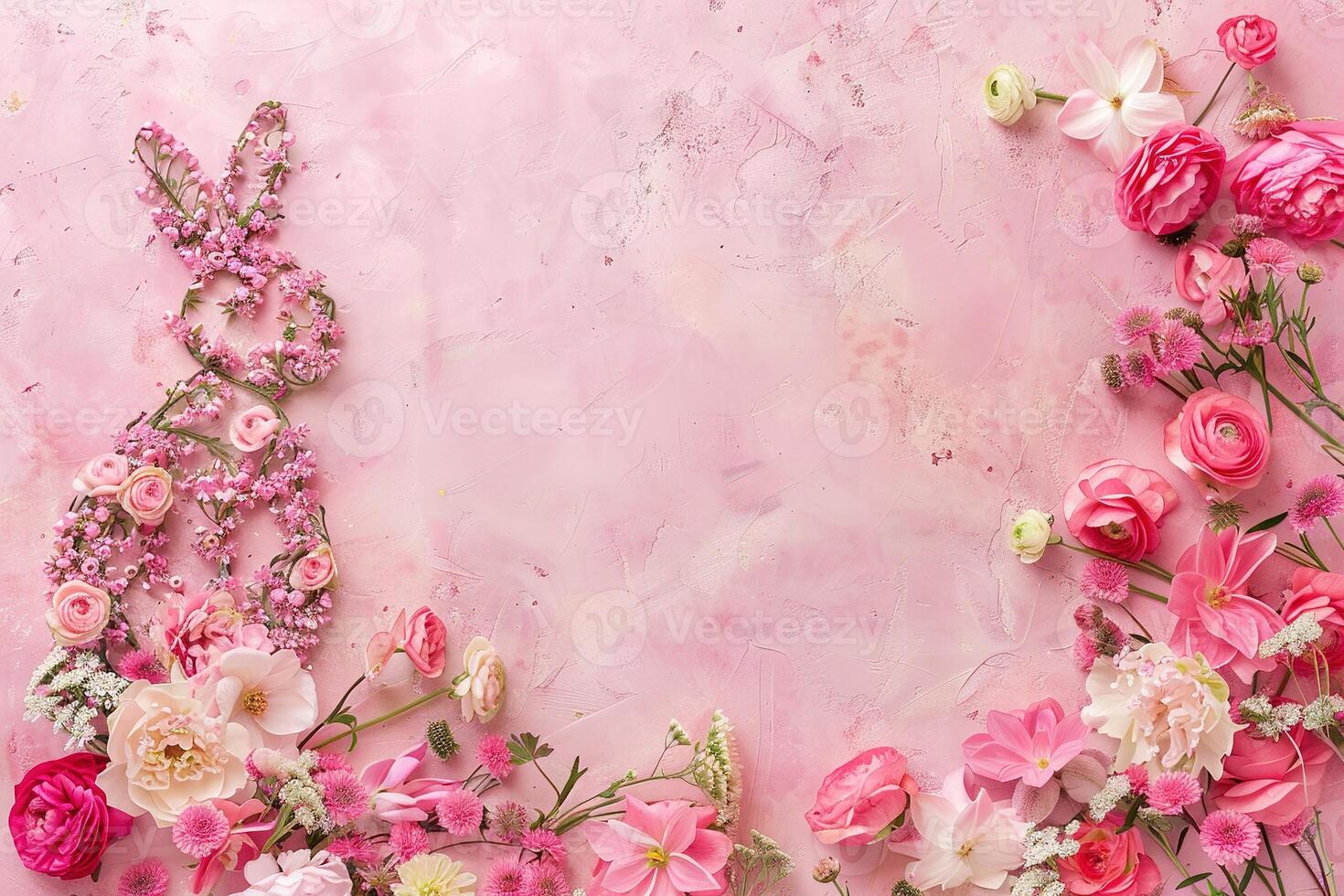 AI generated Pink Easter background with flowers, rabbit and copy space for text. Soft, pastel colors. Tranquil and joyful scene. Perfect for holiday-themed designs, greeting cards. Generative AI. photo