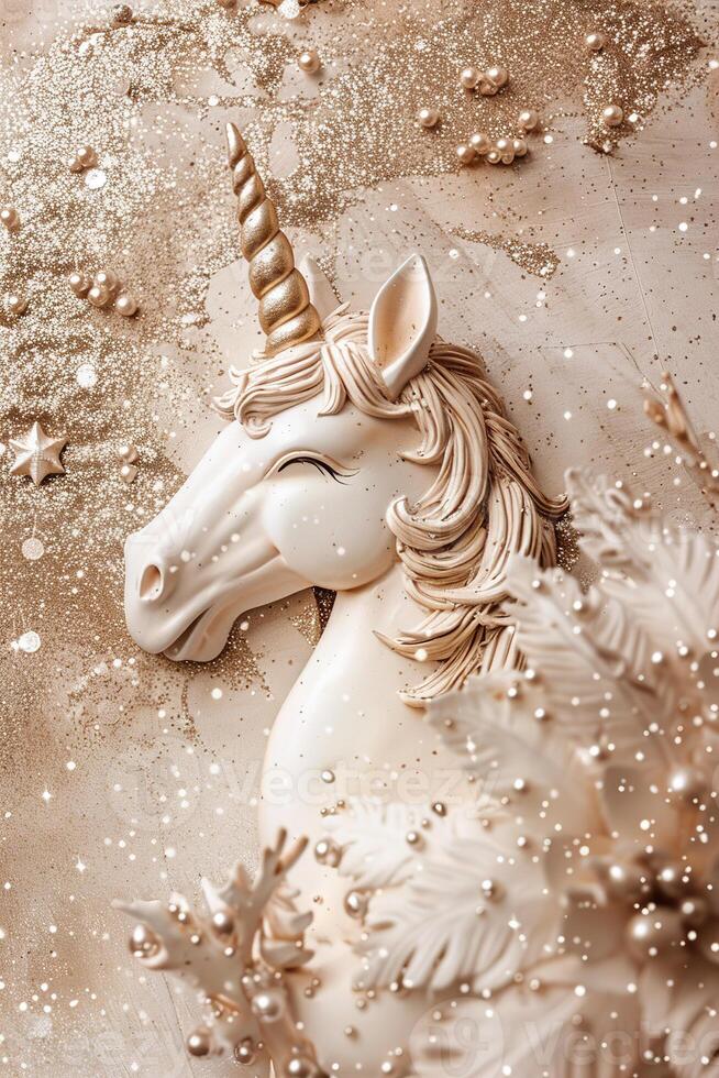 AI generated A whimsical beige unicorn adorned with glitter, perfect for fantasy-themed events, children's products, or creative arts, with sparkling details ideal for enchanting visuals. photo