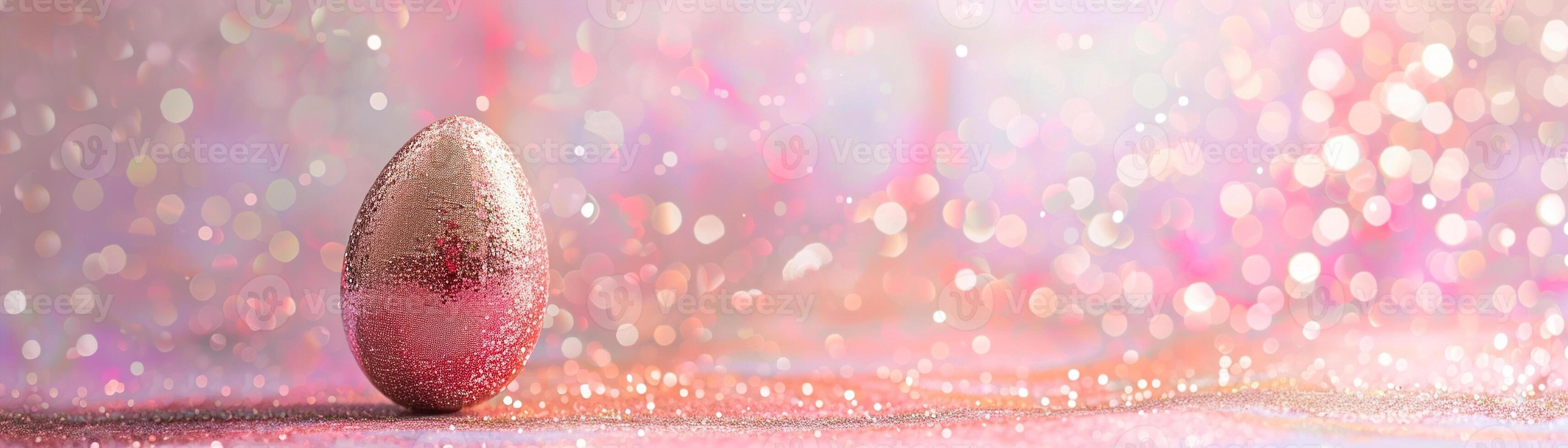 AI generated Enchanting Easter background with egg, glitter and copy space for text. Soft pastel colors. Perfect for holiday-themed designs, greeting cards. Panoramic banner. Generative AI. photo