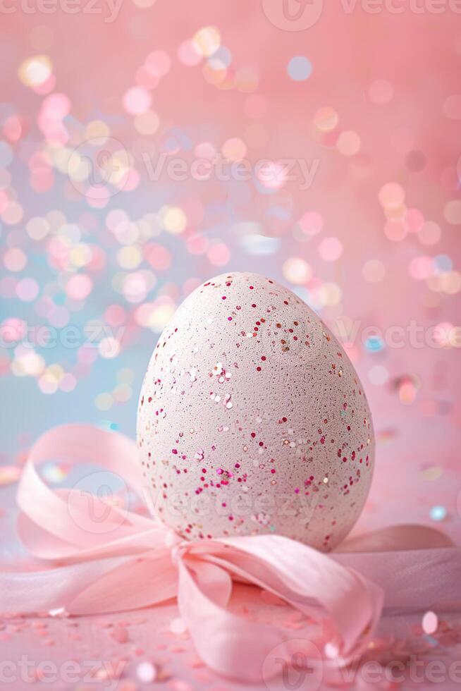 AI generated Enchanting Easter background with egg, ribbon, glitter and copy space for text. Soft pastel colors. Perfect for holiday-themed designs, greeting cards. Generative AI. photo