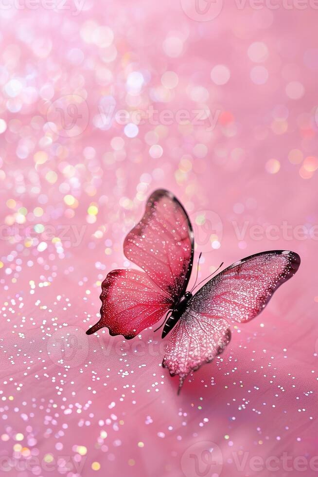 ai generado un delicado rosado mariposa con espumoso Brillantina en un soñador bokeh fondo, Perfecto para bebé anuncios, primavera temas, o encantador diseño elementos. Copiar espacio para texto. foto