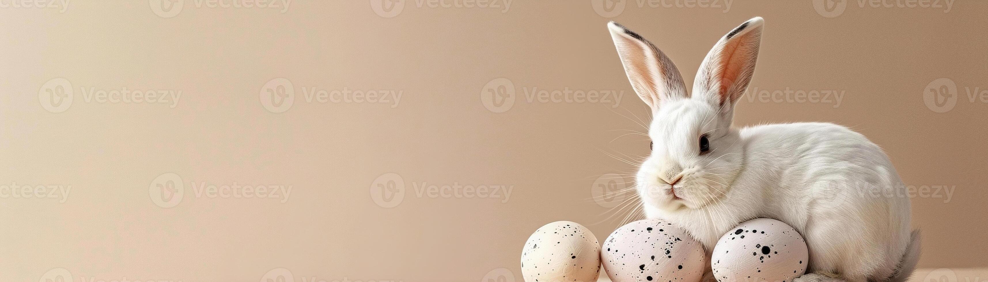 AI generated Natural Easter background with eggs, bunny and copy space for text. Soft, beige color. Perfect for spring themes, Easter content, and minimalist design projects. Greeting card. Banner. photo