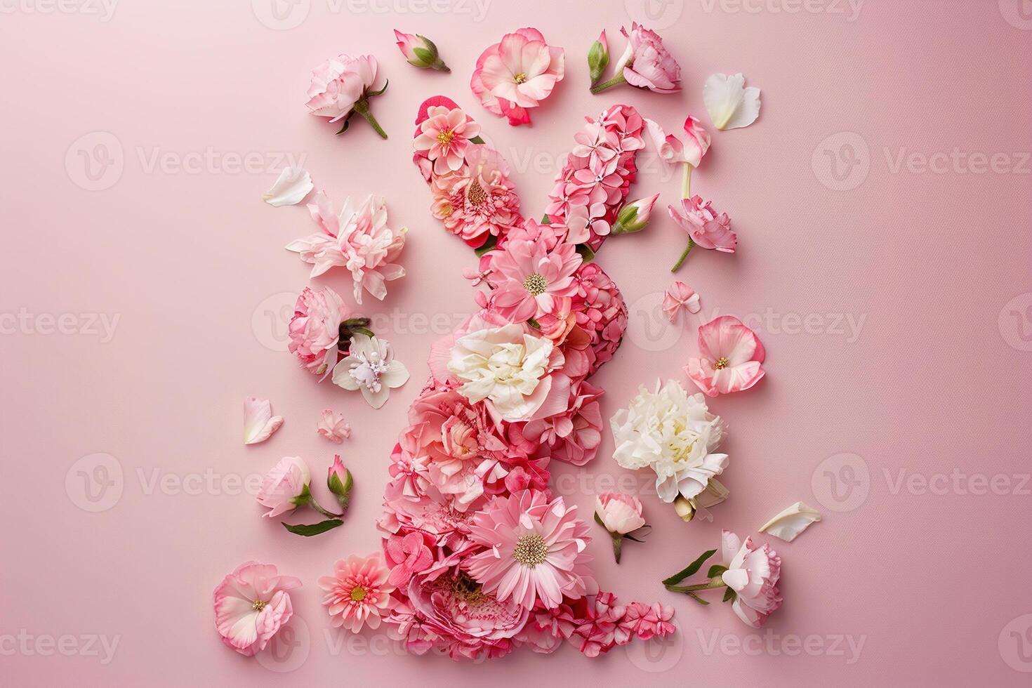 AI generated A delightful pastel background showcasing a bunny-shaped arrangement of various spring flowers, ideal for Easter promotions, springtime marketing, or creative floristry designs. photo