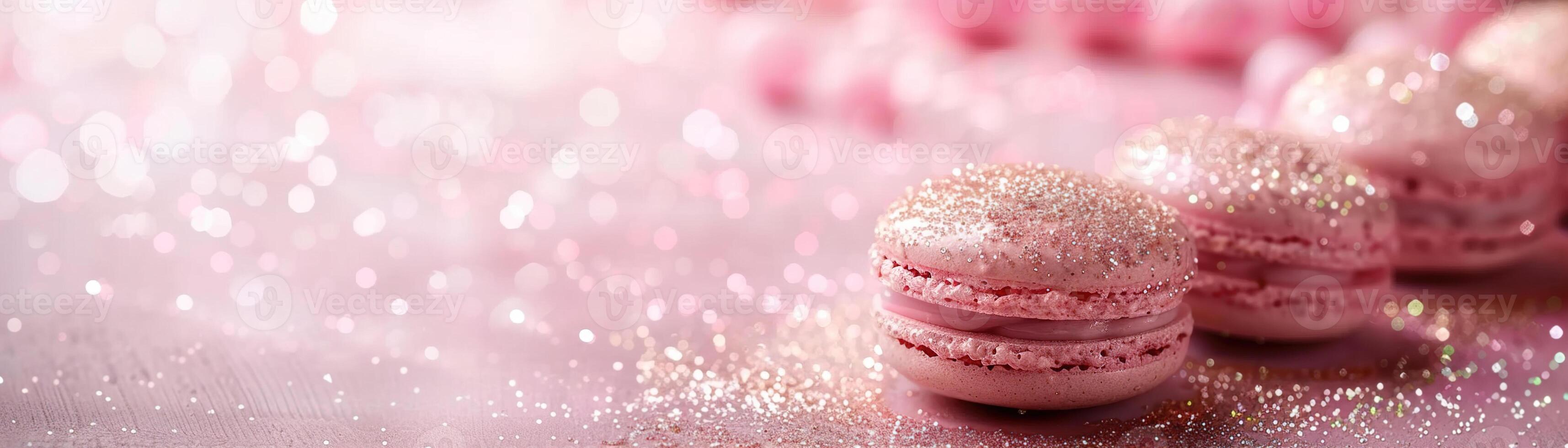 AI generated Pink background with elegant glittering macarons, copy space. Women's Day. Its a girl backdrop with empty space. Baby shower or birthday invitation, party. Baby girl birth announcement. photo