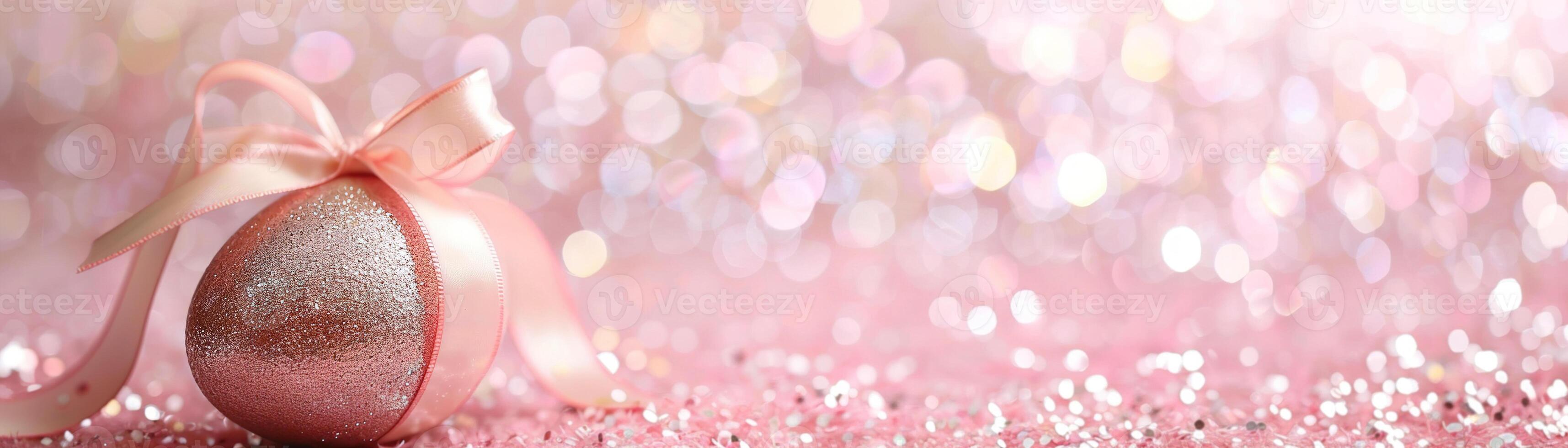 AI generated Enchanting Easter background with egg, ribbon, glitter and copy space for text. Soft pastel colors. Perfect for holiday-themed designs, greeting cards. Panoramic banner. Generative AI. photo