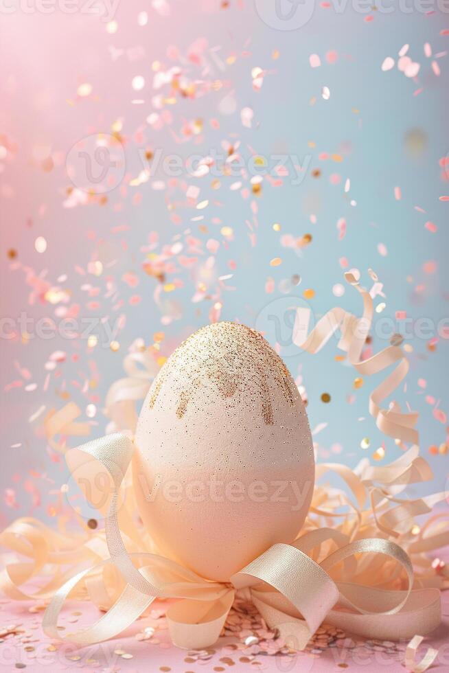 AI generated Enchanting Easter background with egg, ribbon, glitter and copy space for text. Soft pastel colors. Perfect for holiday-themed designs, greeting cards. Generative AI. photo