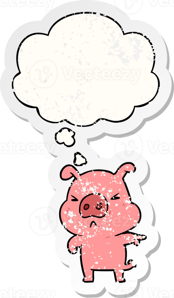 cartoon angry pig with thought bubble as a distressed worn sticker png