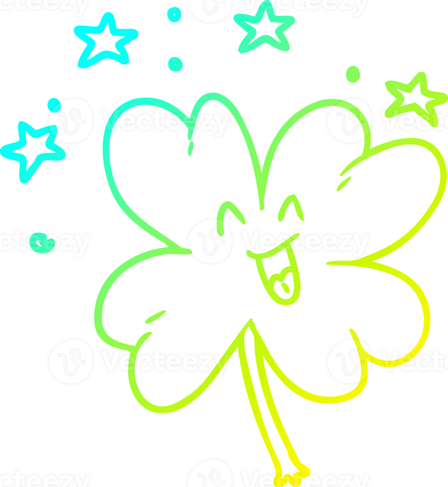 cold gradient line drawing of a happy cartoon four leaf clover png