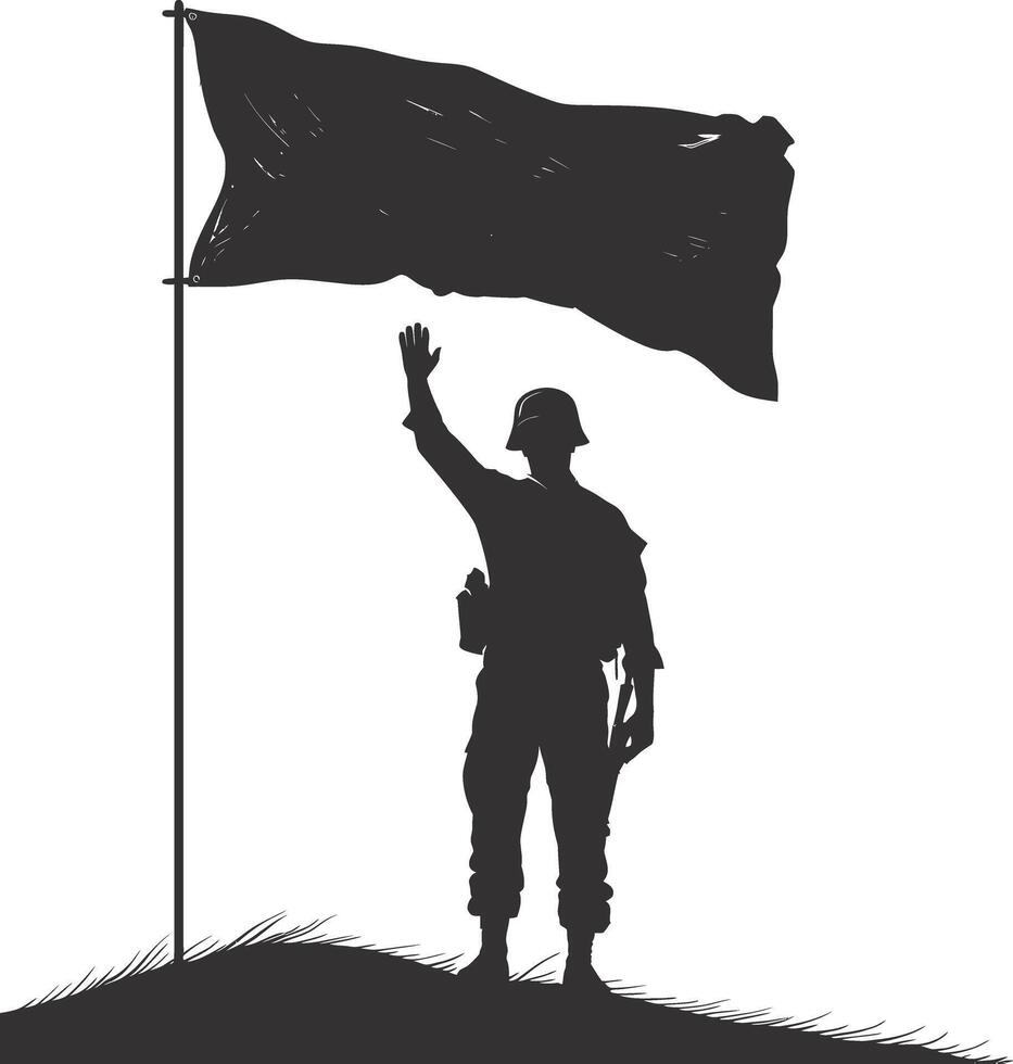 ai generado silueta soldados o Ejército actitud en frente de el blanco bandera negro color solamente vector