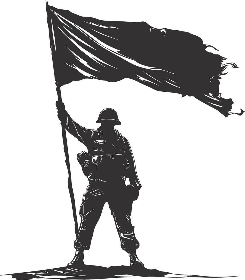AI generated Silhouette Soldiers or Army pose in front of the black flag black color only vector