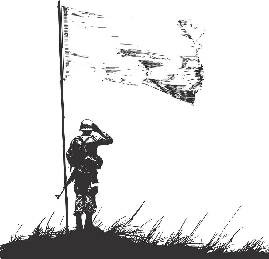 AI generated Silhouette Soldiers or Army pose in front of the white flag black color only vector