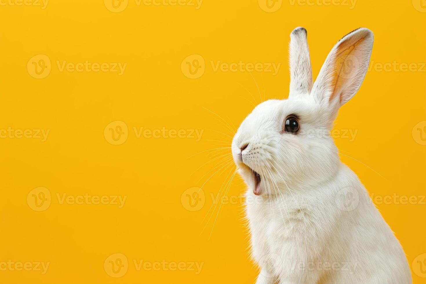 AI generated Surprised bunny against a vivid yellow background, perfect for Easter promotions, pet care advertising, or vibrant spring-themed graphics. Copy space for text. Easter sale, discount. photo