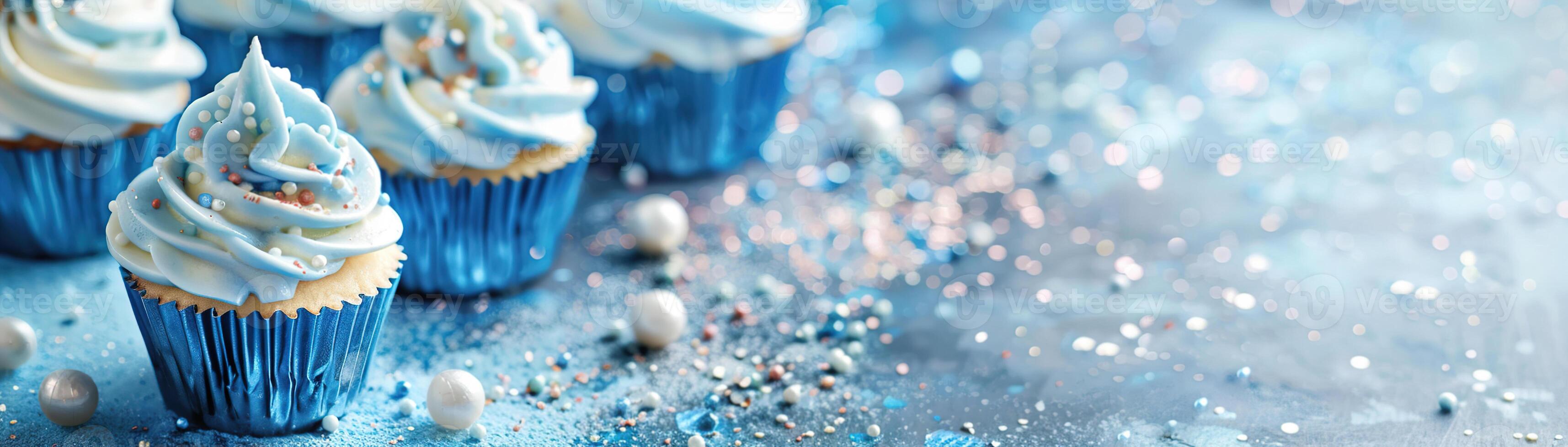 AI generated Blue glittering background with cupcakes and copy space. Its a boy backdrop with empty space for text. Baby shower or birthday invitation, party. Baby boy birth announcement. Men's Day. photo