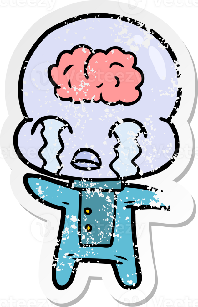 distressed sticker of a cartoon big brain alien crying png