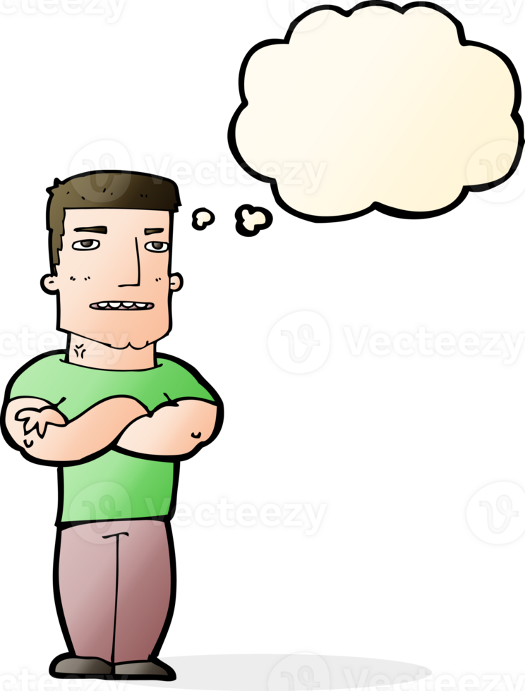 cartoon tough guy with folded arms with thought bubble png