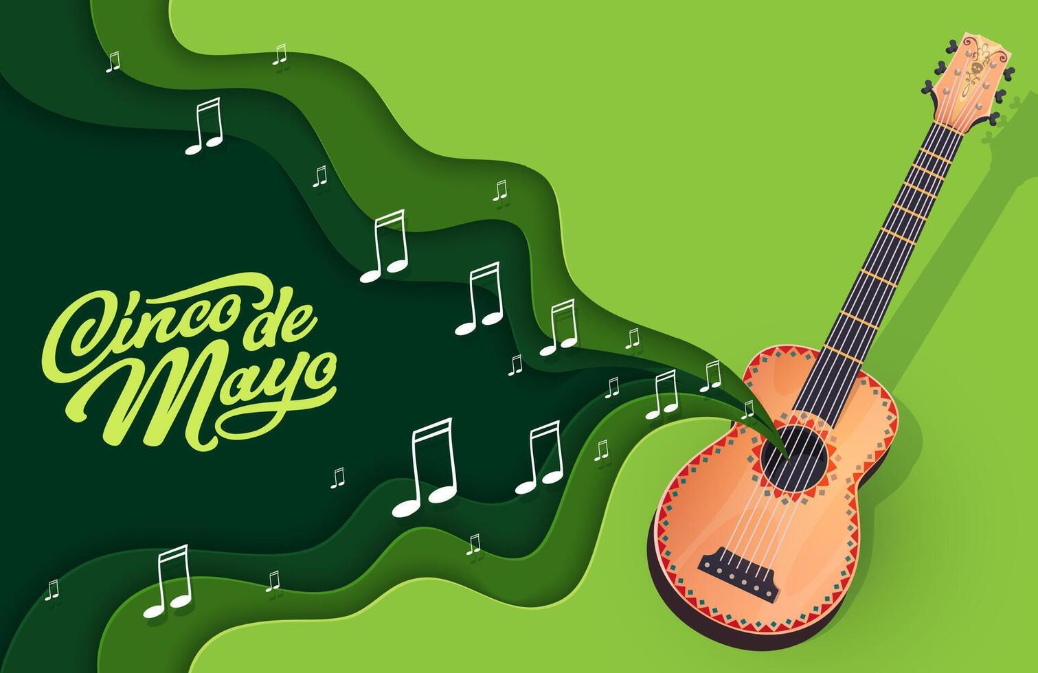 Cinco de Mayo paper cut banner, guitar and notes vector