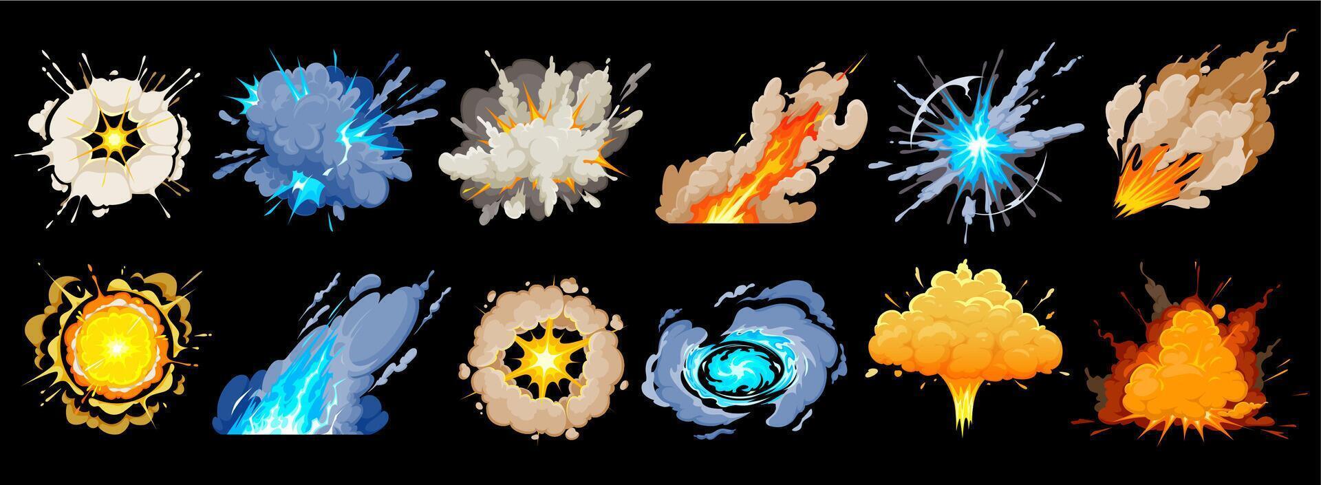 dibujos animados bomba explosiones, fumar y auge explosiones vector