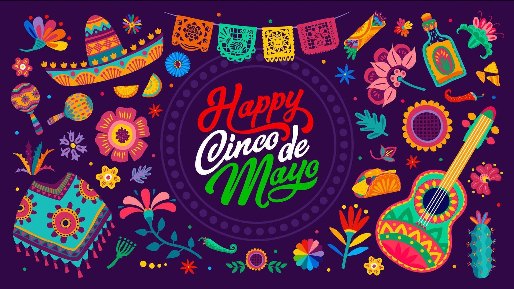 Cinco de Mayo banner, Mexican sombrero and poncho vector
