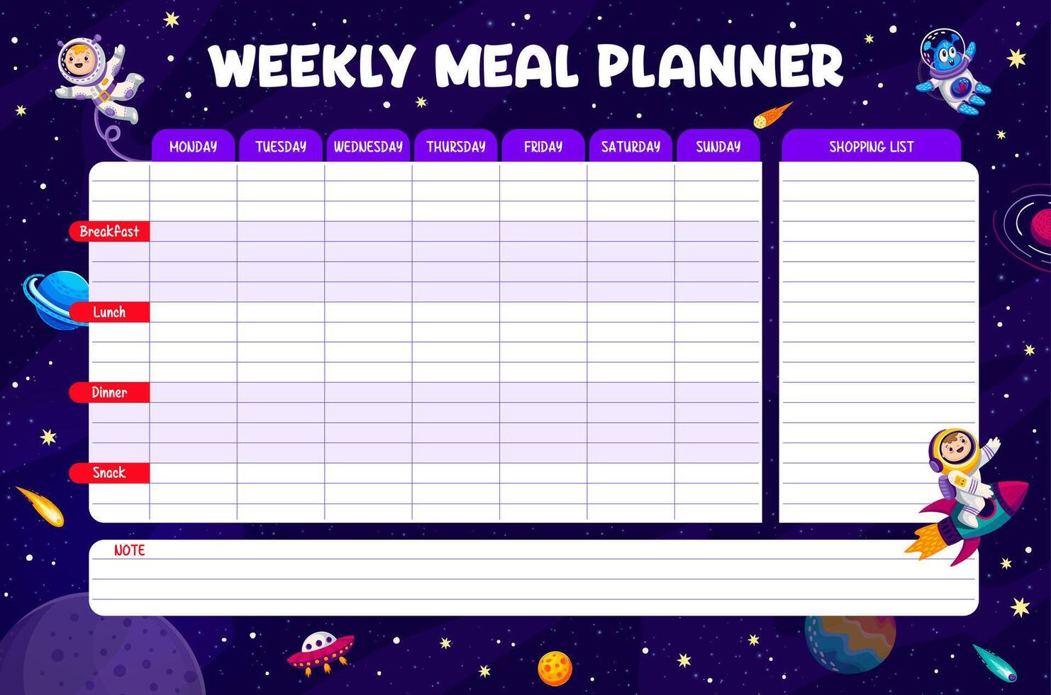 Weekly meal planner with space astronaut kid vector