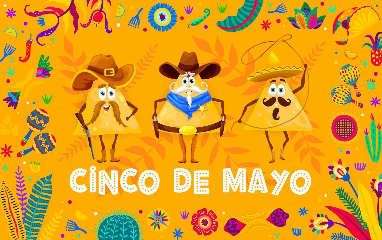 Cinco de Mayo banner with cartoon Mexican nachos cowboy characters, holiday vector background. Funny nacho charro in sombrero with lasso, sheriff cowboy ranger with shotgun for Cinco de Mayo holiday