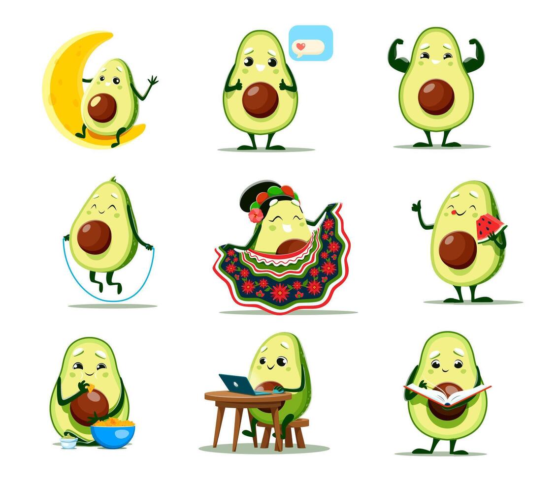 dibujos animados aguacate caracteres vector linda vegetal