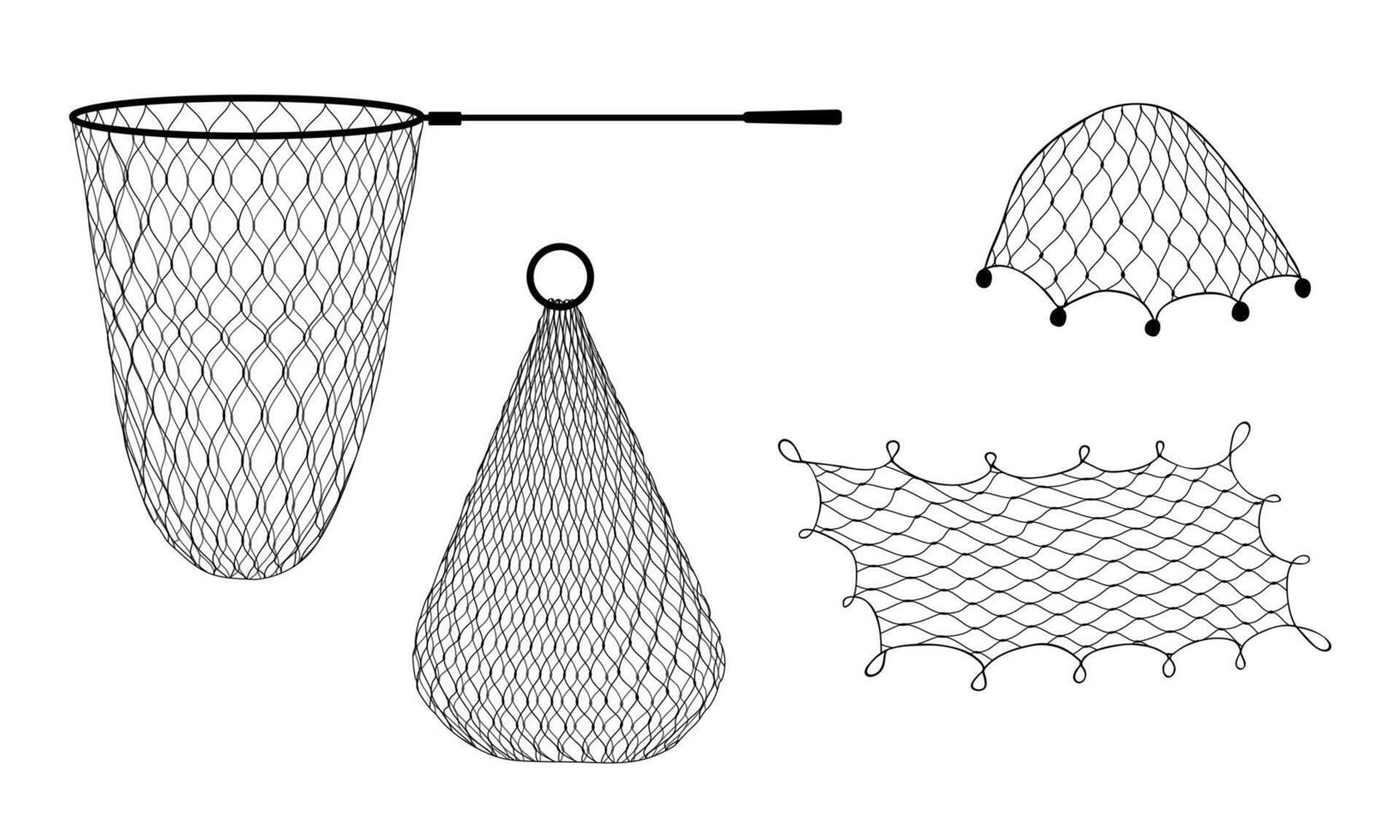 Fishing net and trap, trawl, fish tank and seine vector
