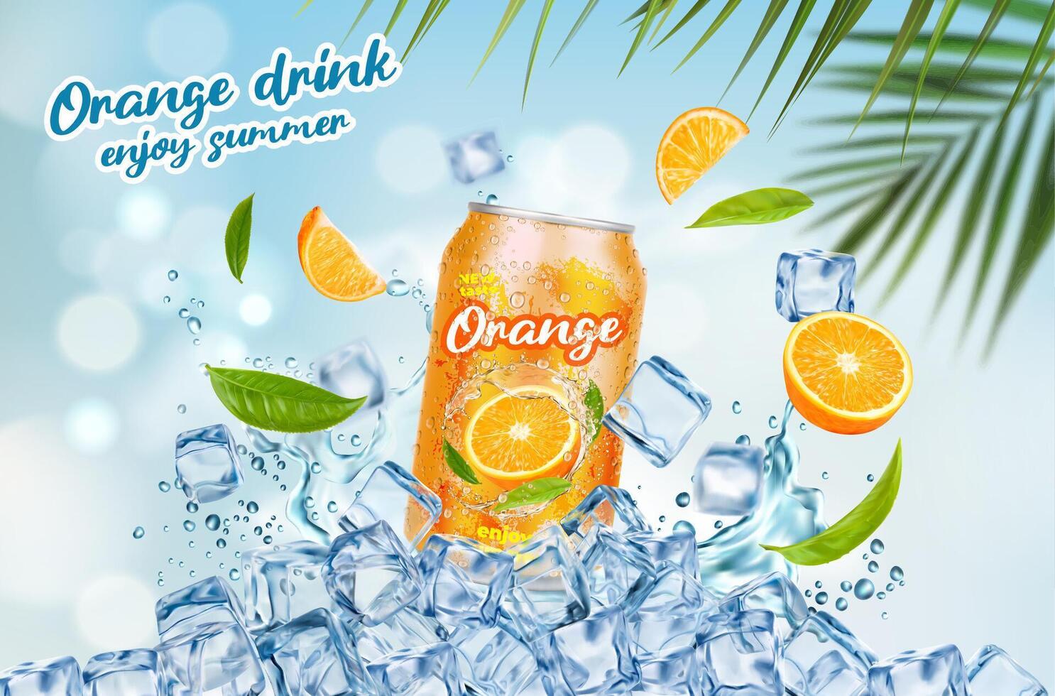 Ice orange drink can, citrus fruit and tea leaves vector