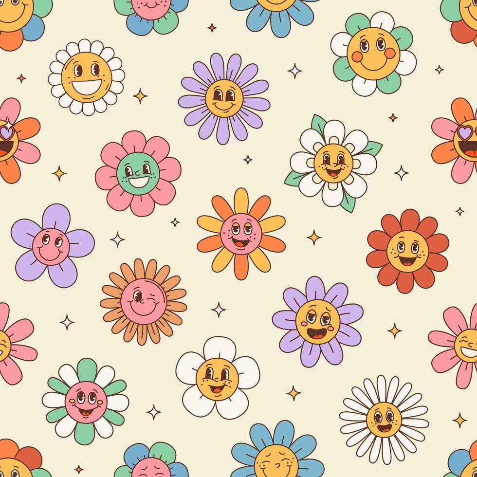 Retro hippie groovy daisy happy flowers pattern vector