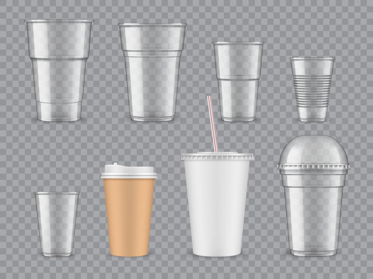 Transparent plastic and paper cups vector set