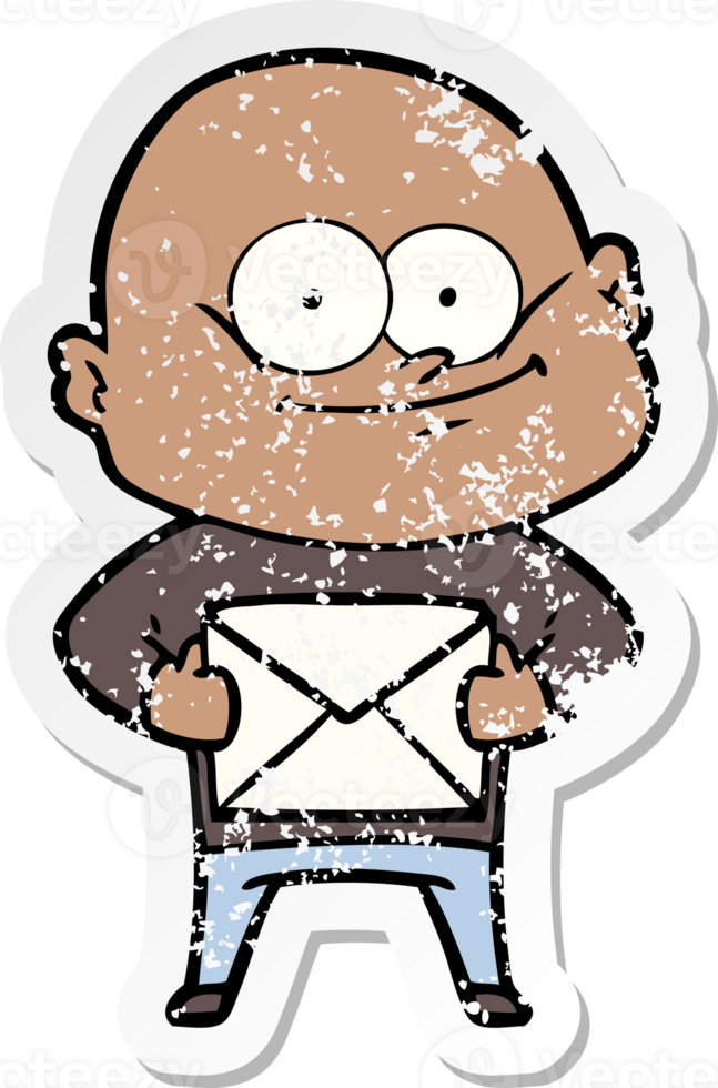 distressed sticker of a cartoon bald man staring with letter png