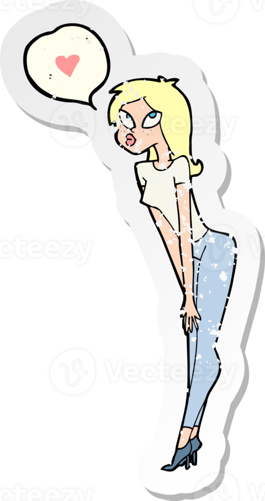 retro distressed sticker of a cartoon woman with love heart png