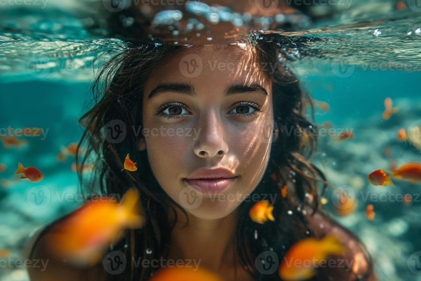 AI generated Beautiful woman with long black hair swimming in the red sea with colorful fish and corals photo