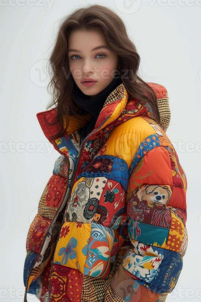 AI generated Naive Puppies Pattern Quilted Down Jacket Front-View photo