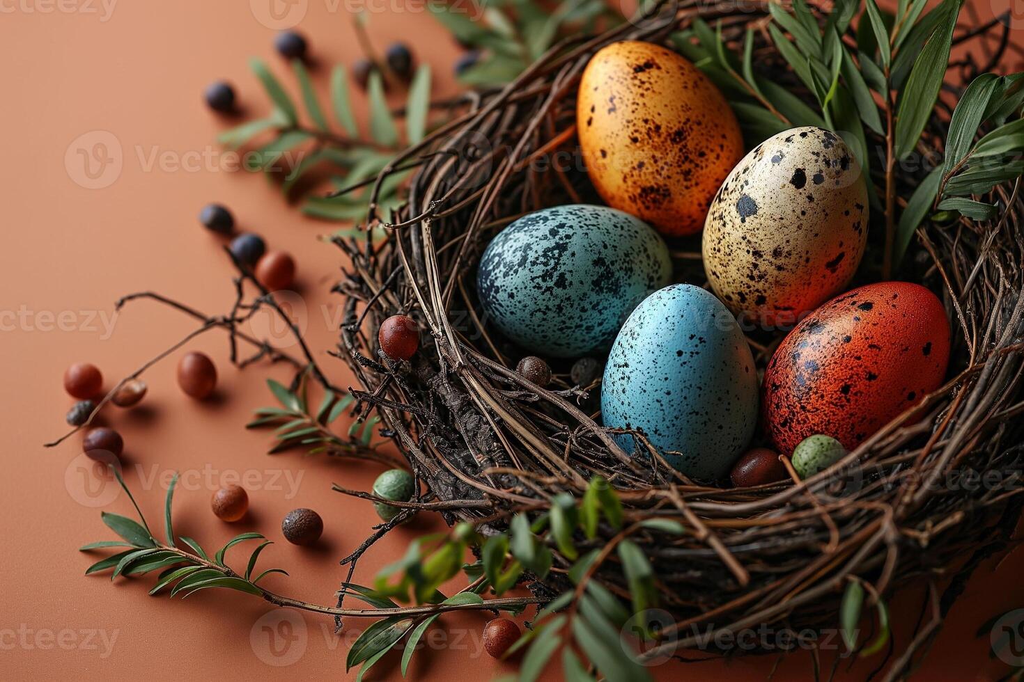 AI generated Nest with colorful Easter eggs and spring flowers on a peach colored background photo