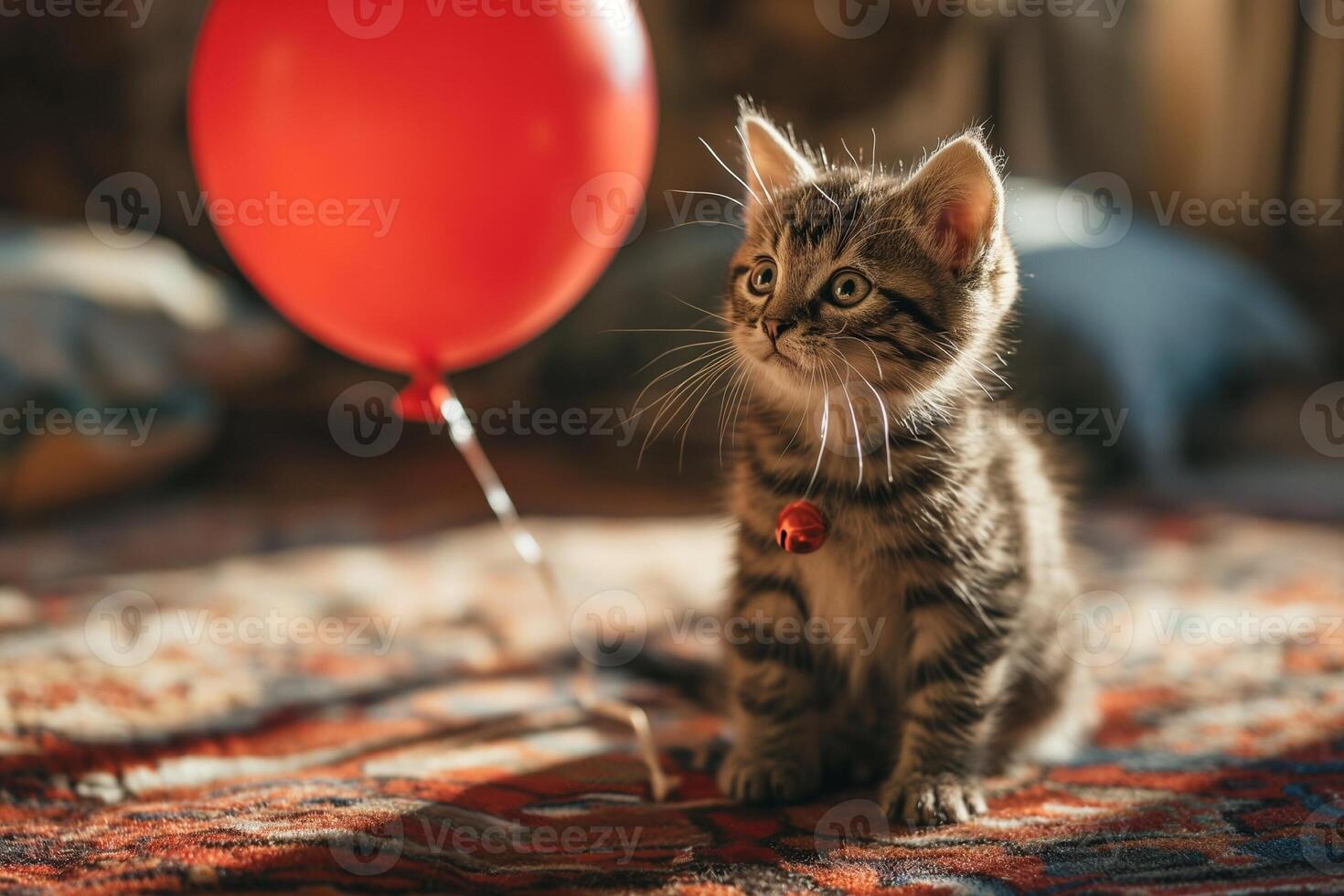 AI generated Little kitten in the living room with a red balloon. Gift concept photo