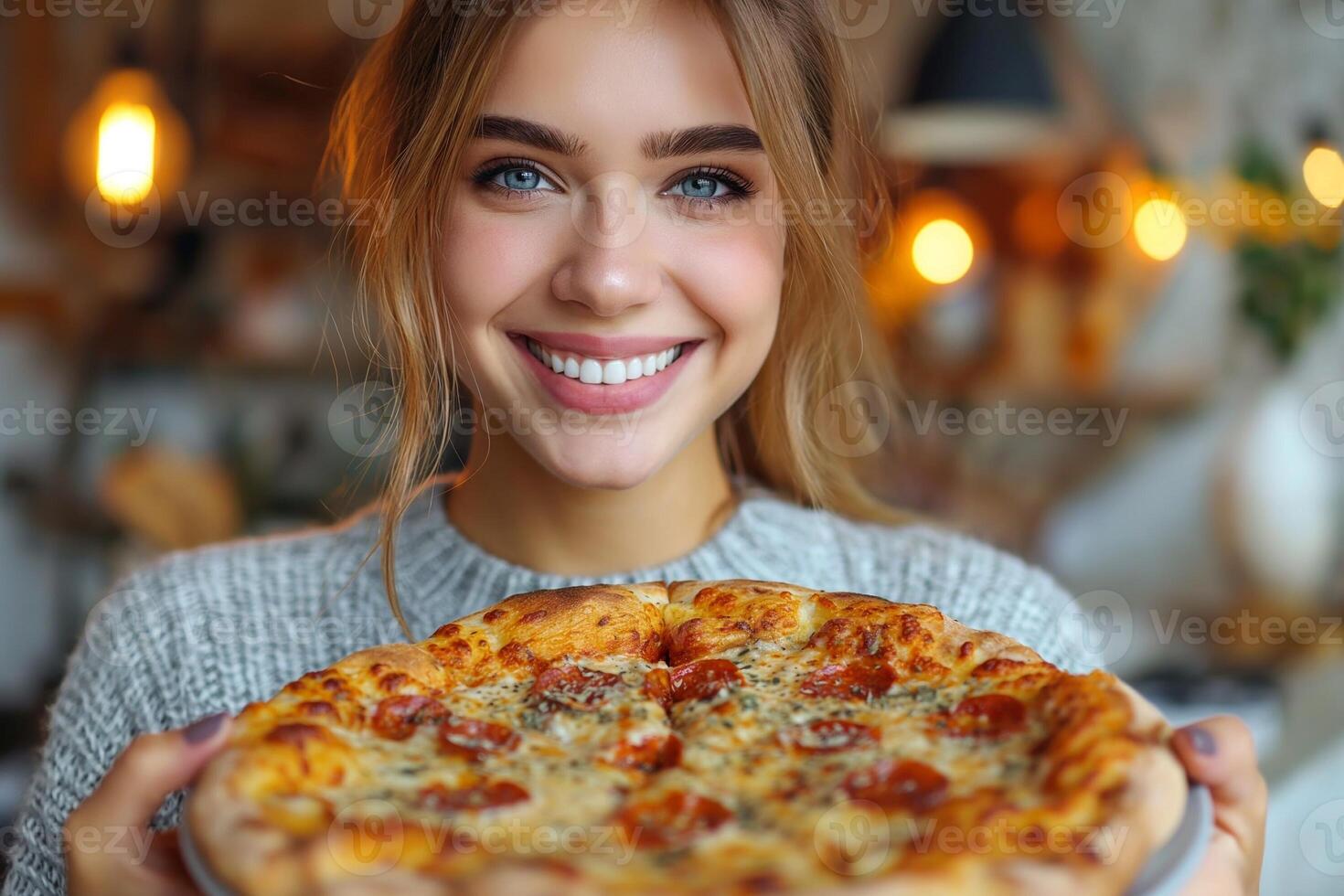 AI generated Young beautiful woman with pizza photo