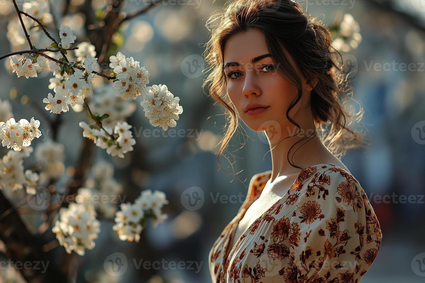 AI generated Beautiful young woman wearing dress and walking on street in spring photo