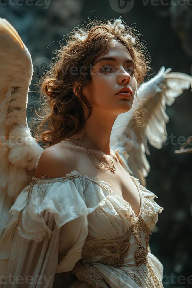 AI generated Fantastic portrait of a young woman angel with wings in the sky photo