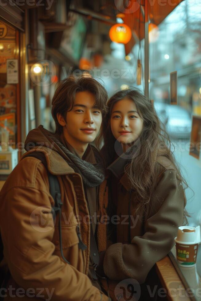 AI generated Korean couple in their 20s is having a conversation at a cafe photo