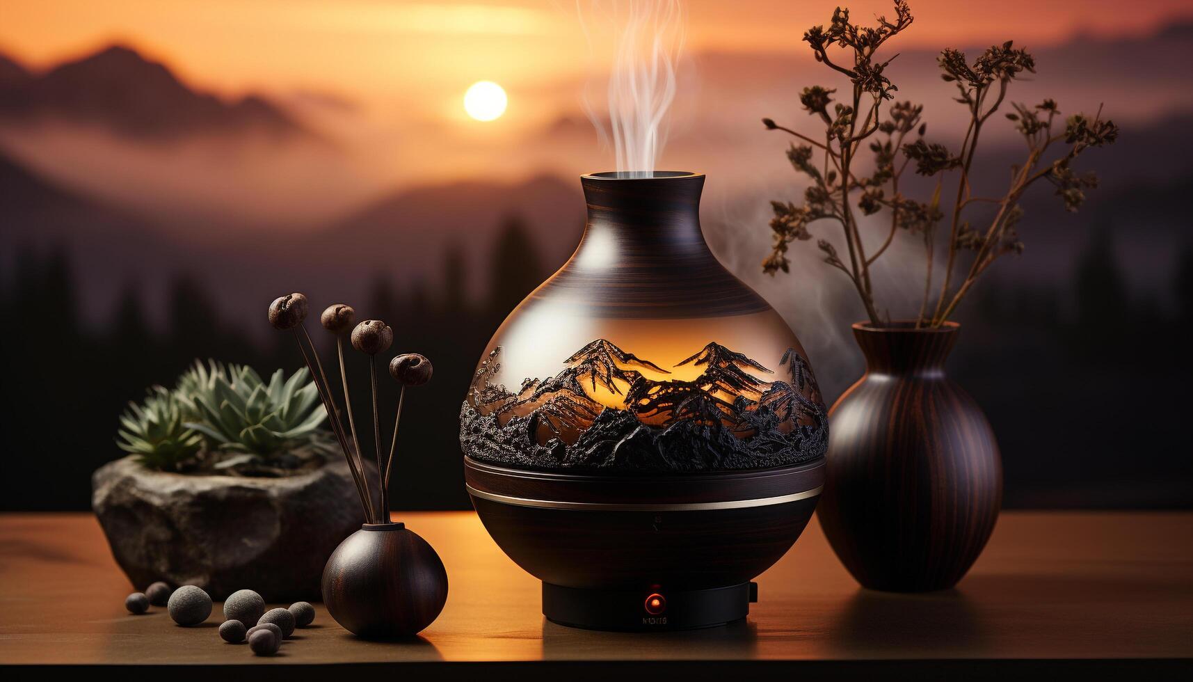 AI generated Wooden table with vase of flowers, candle, and pottery decoration generated by AI photo