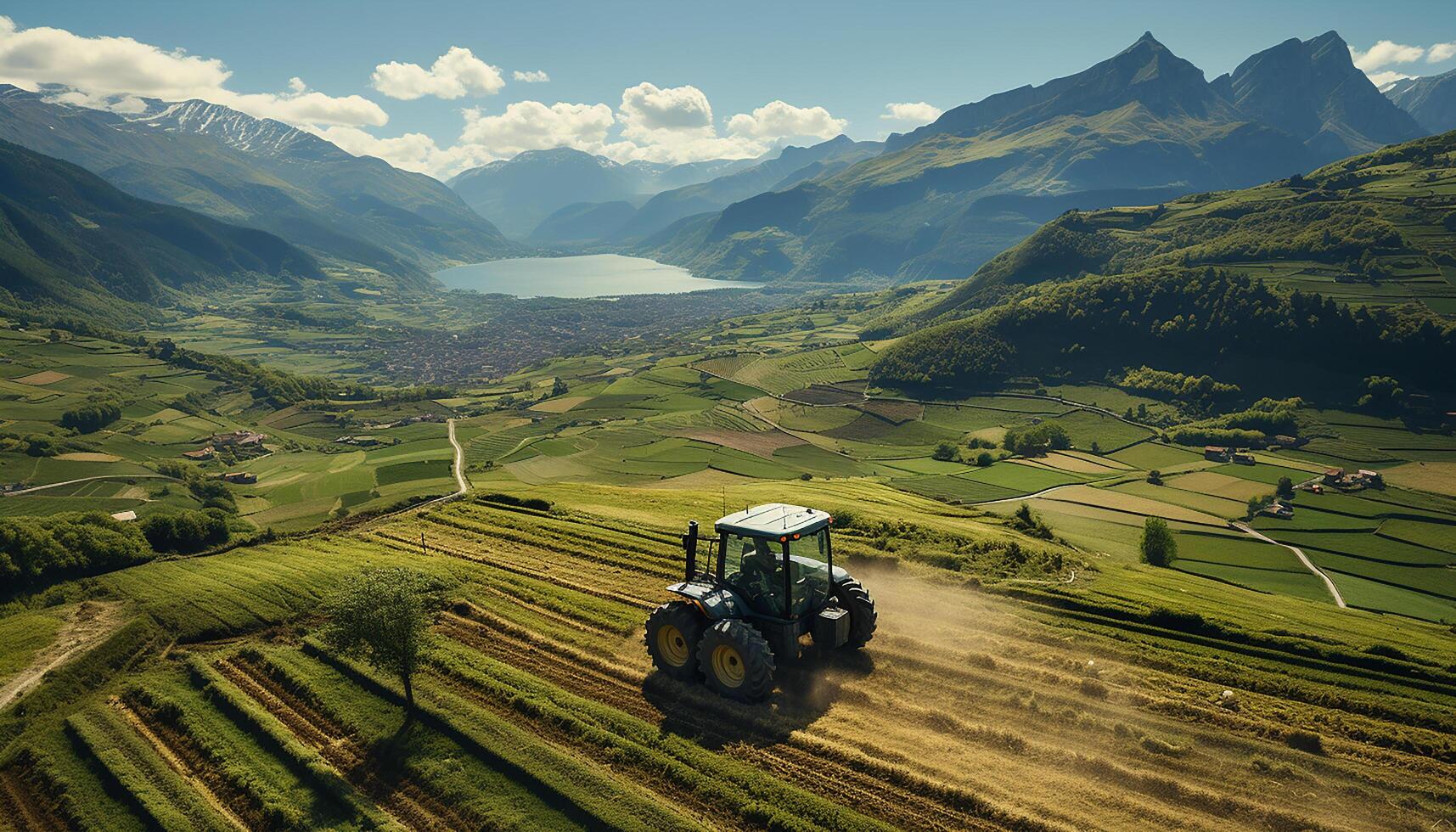 ai generado agrícola paisaje granjero laboral, tractor arada, montañas, verde prado generado por ai foto