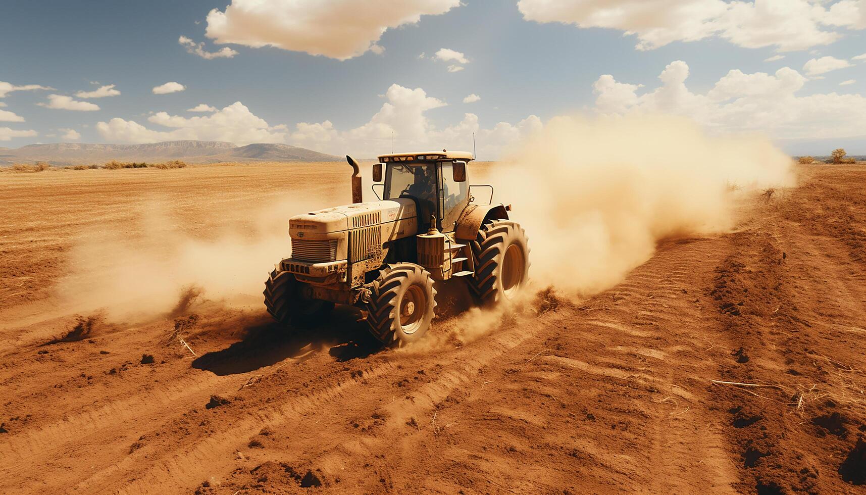 AI generated Working farm machinery plows dirt, harvesting wheat in rural landscape generated by AI photo