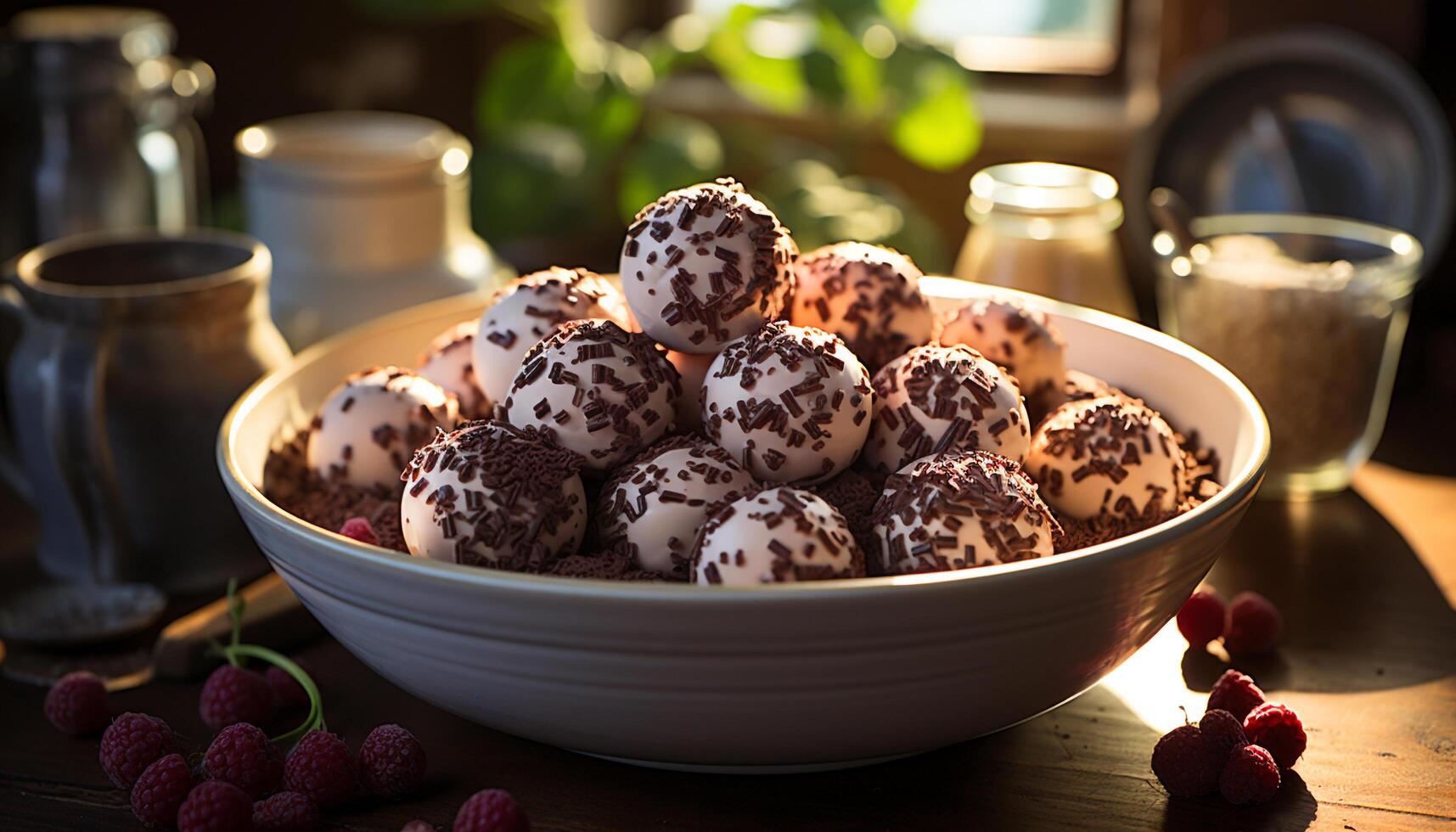 AI generated Gourmet dessert  homemade chocolate ball on rustic wooden plate generated by AI photo