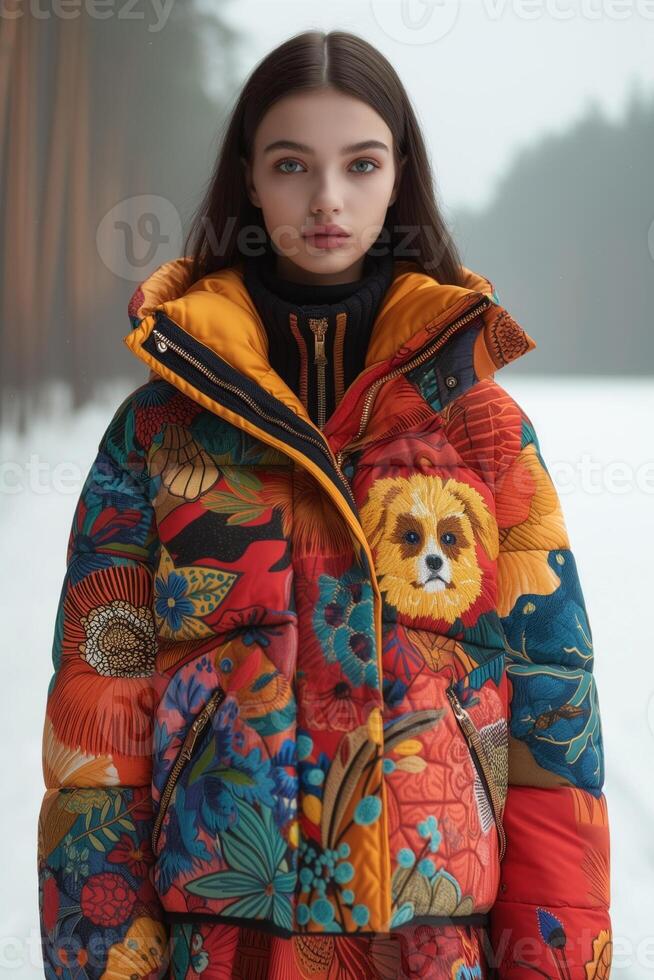 AI generated Naive Puppies Pattern Quilted Down Jacket Front-View photo