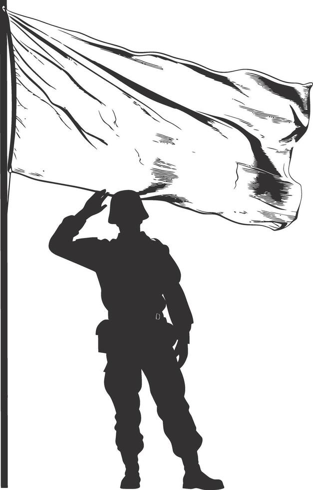 AI generated Silhouette Soldiers or Army pose in front of the white flag black color only vector