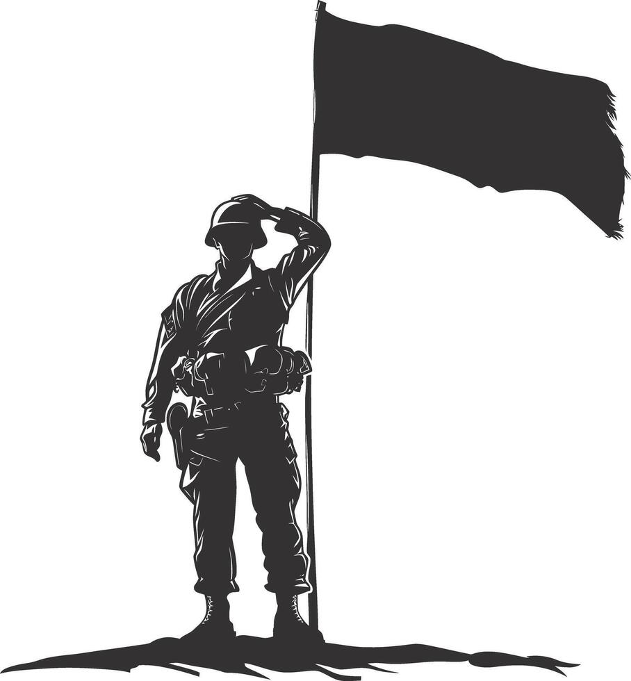 ai generado silueta soldados o Ejército actitud en frente de el blanco bandera negro color solamente vector