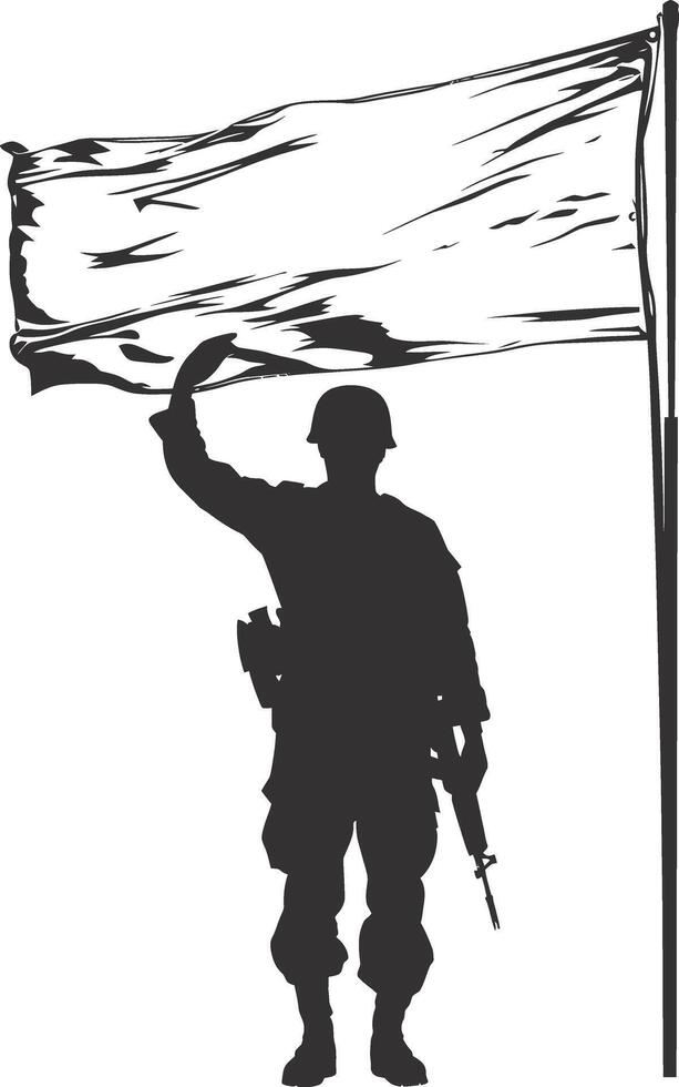 ai generado silueta soldados o Ejército actitud en frente de el blanco bandera negro color solamente vector