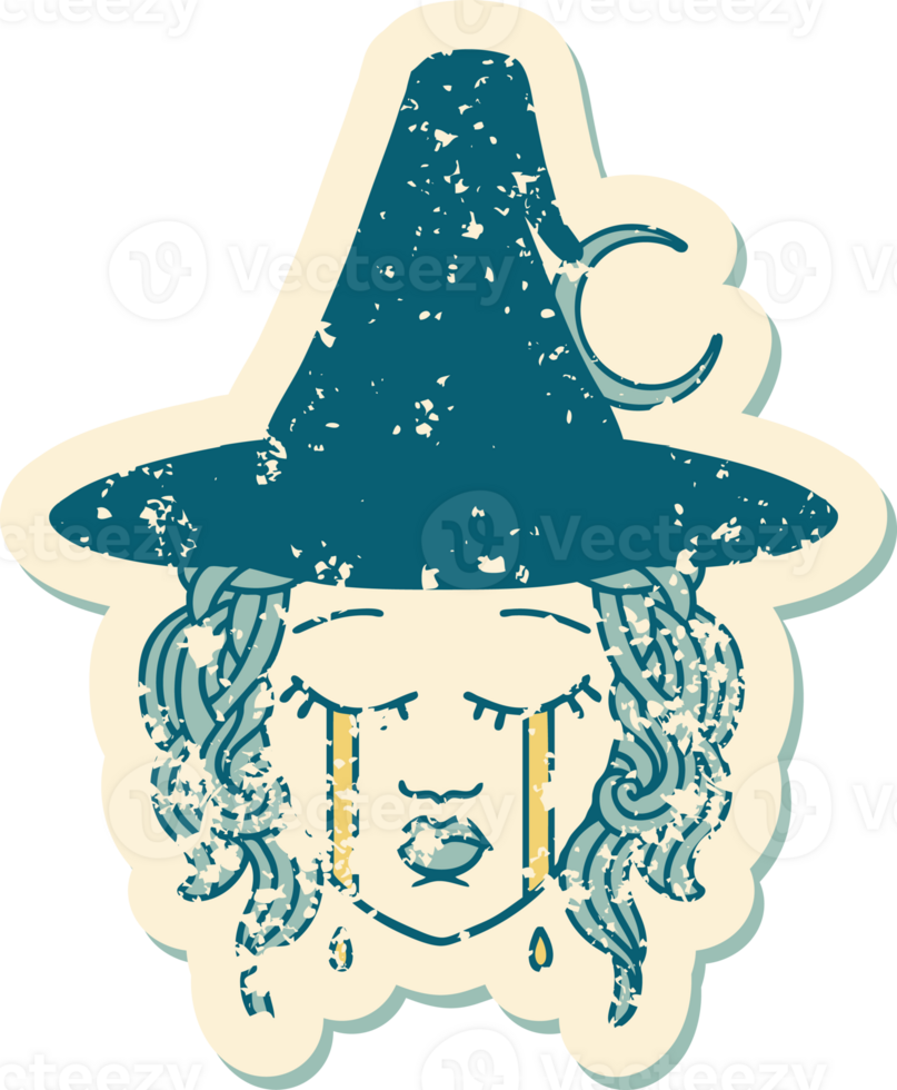grunge sticker of a crying human witch character png
